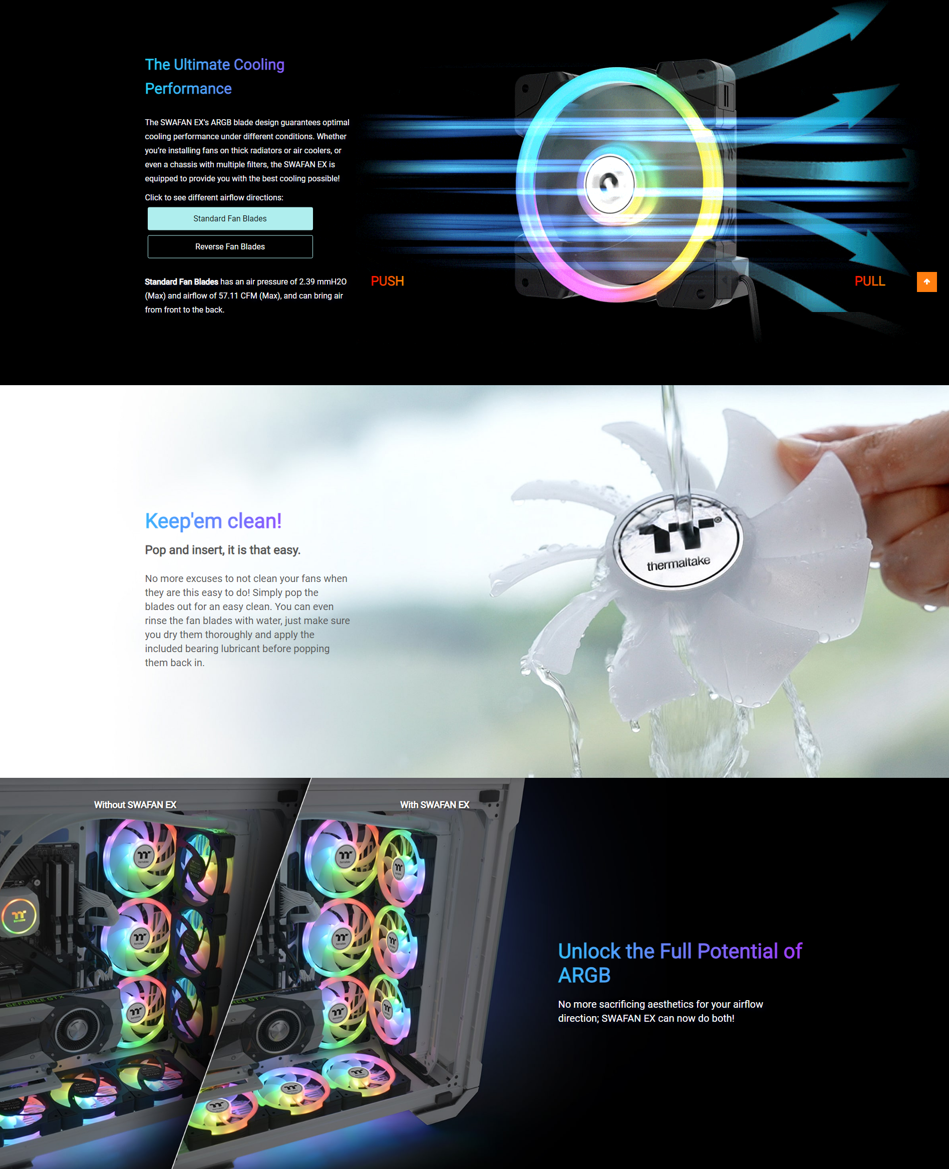 A large marketing image providing additional information about the product Thermaltake SWAFAN EX14 ARGB 3-Pack 140mm PWM Cooling Fan - Black - Additional alt info not provided